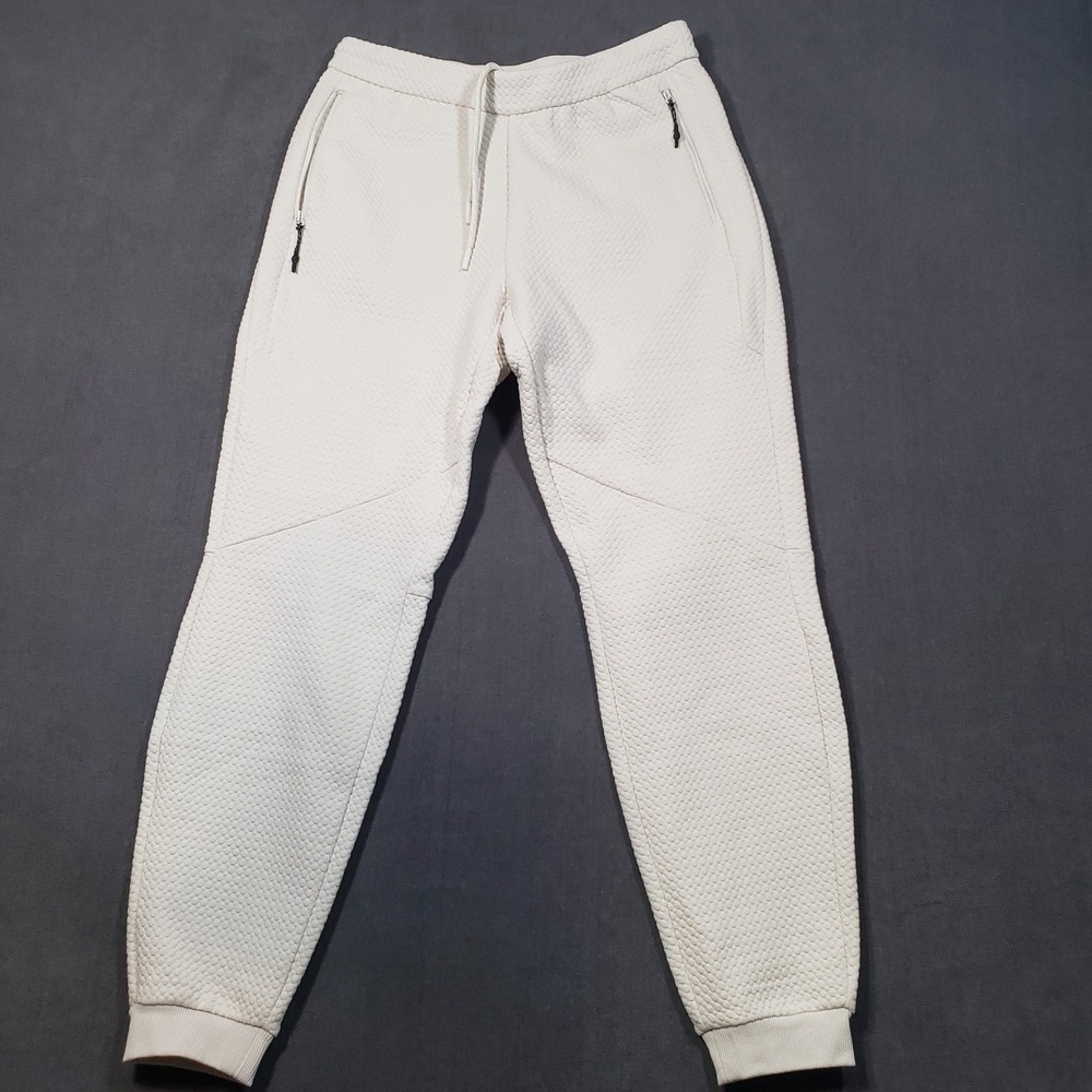 FLX Quilted Joggers Mens Small Cream White Textured Athletic Sweatpants Zip